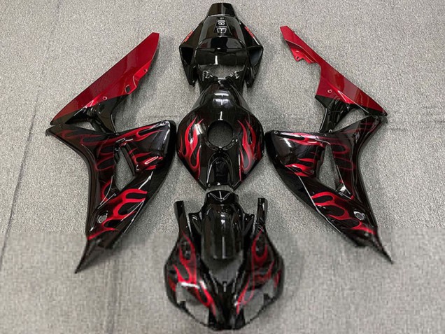2006-2007 Honda CBR1000RR Motorcycle Fairings - Glossy Black Red Flame Canada
