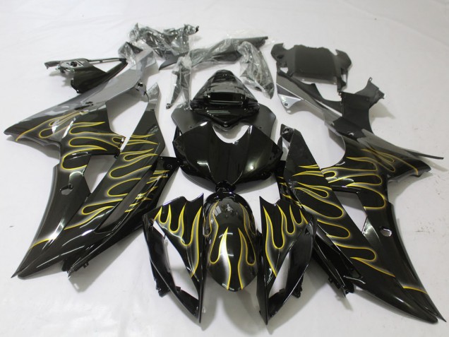 2008-2016 Yamaha R6 Motorcycle Fairings - Glossy Black Gold Flame Canada