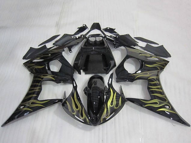 2003-2004 Yamaha YZF R6 Motorcycle Fairings - Glossy Black Gold Flame Canada